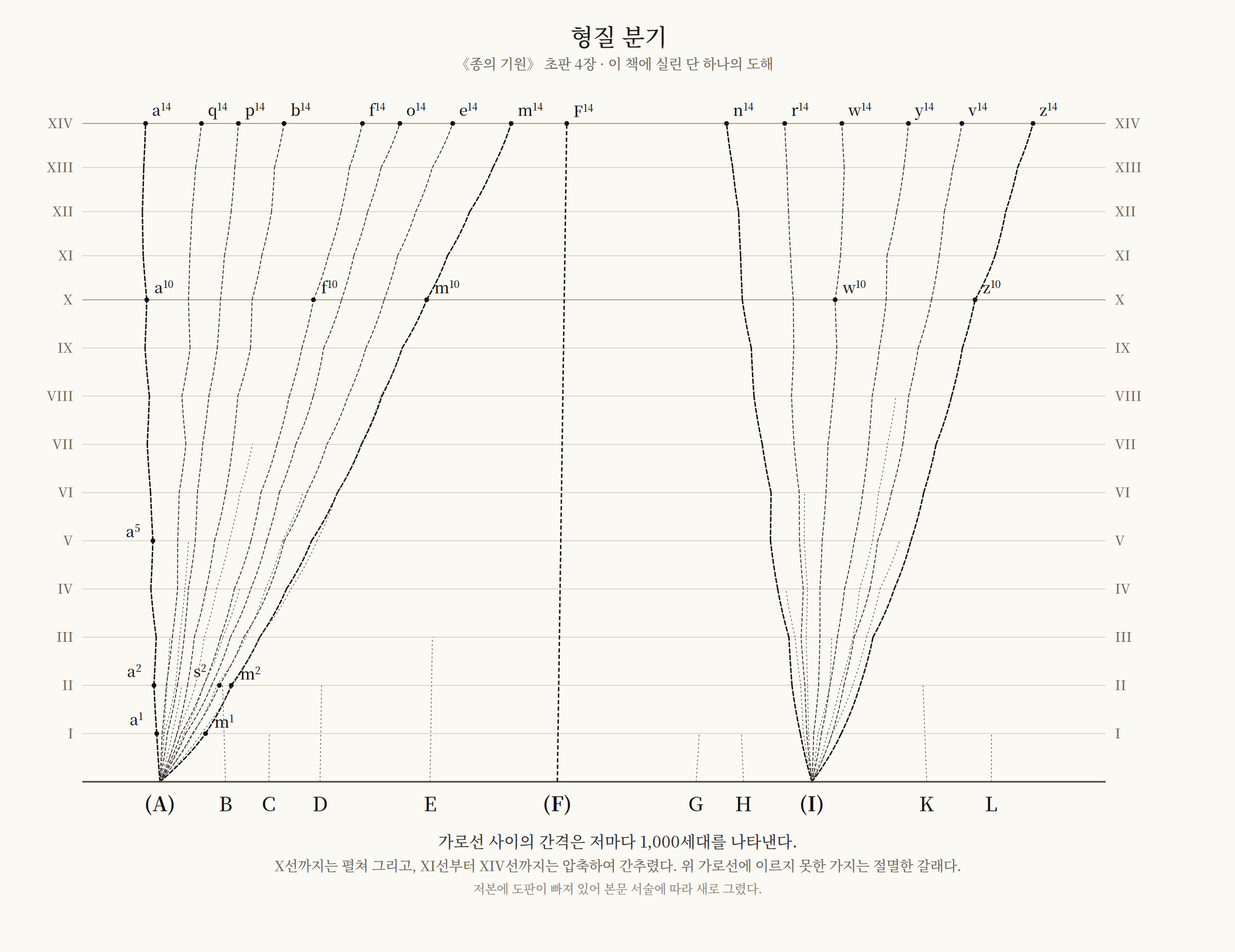원종 A부터 L까지가 아래 기준선에 놓이고, A와 I에서 갈라져 나온 점선 가지들이 14개의 가로선을 지나며 부채꼴로 벌어지는 계통도. 위 가로선에 이르지 못하고 끊긴 가지는 절멸한 갈래를 나타낸다.